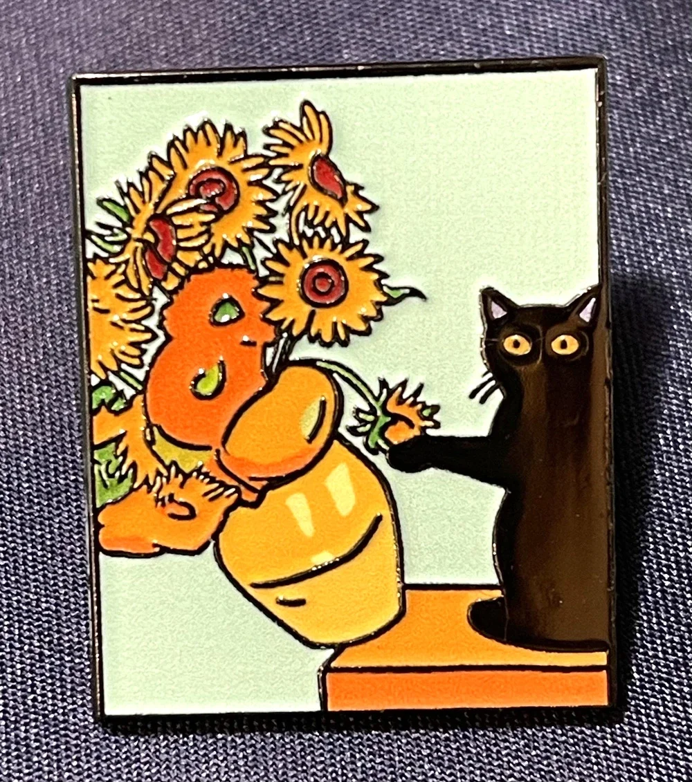 NWOT Sunflowers Black Cat Brooch Lapel Pin Enamel Art Van Gogh Naughty Misbehave